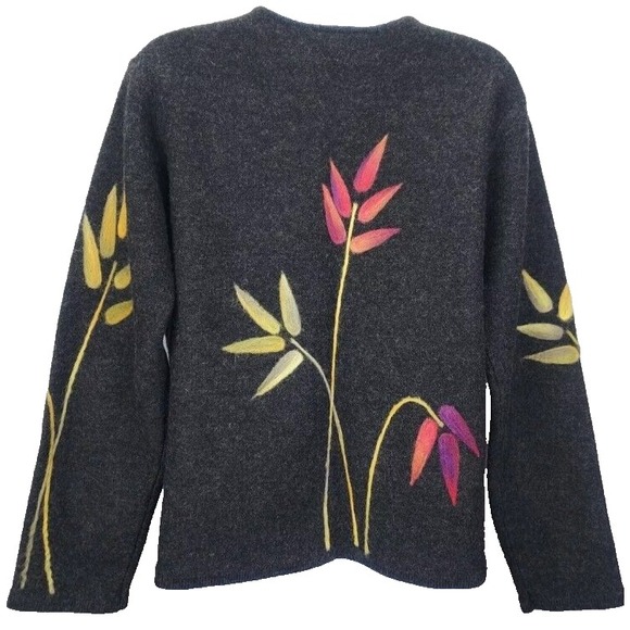 Vtg Talbots Womens Cardigan Sweater Sz Small Charcoal Gray Wool & Felt Leaf Top - Picture 2 of 16